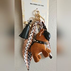 Plush French Bulldog Bag Charm Keychain with Black Tassel - Brown